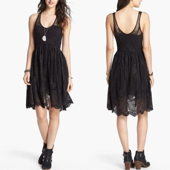 Free People Dresses & Skirts - Free People Kristal Metallic Lace Fit and Flare Black Tank Mini Dress in Size 0